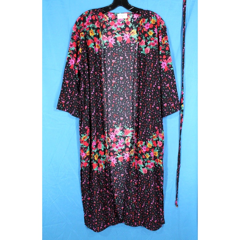EVERLY Anthropologie CREPE Black OPEN FRONT w/Tie Belt FLORAL TOP KIMONO sz S